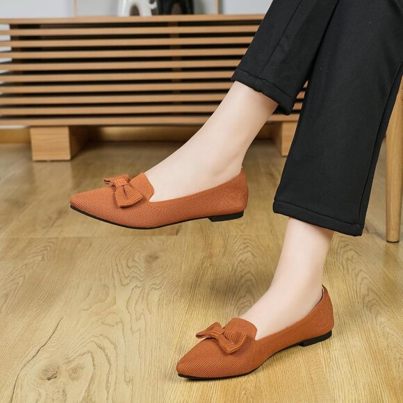 Women Brown Pointed Toe Dressy Comfortable Knit Breathable Mesh Ballet Flats - Picture 4 of 7
